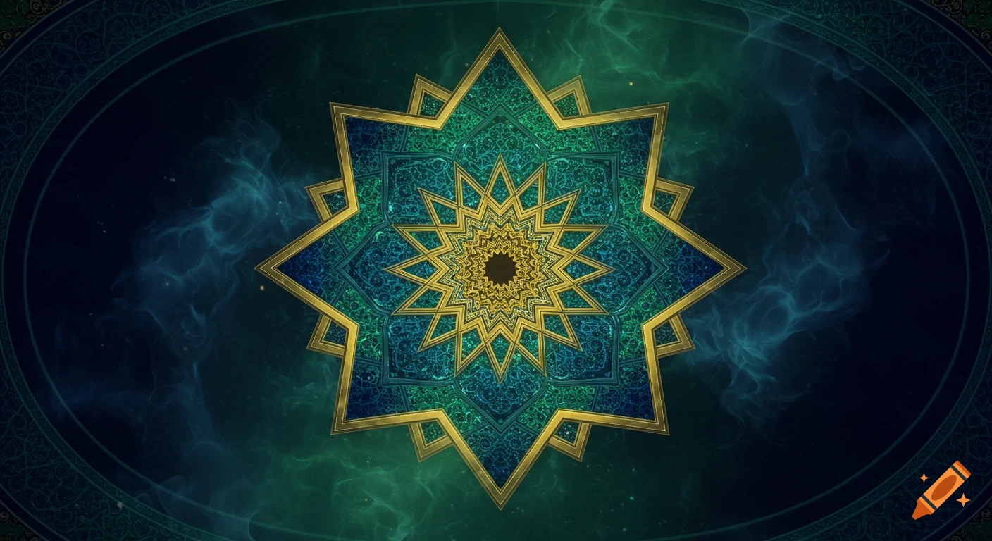 Intricate gold, teal, and blue Islamic geometric star pattern with filigree details on a smoky dark background.