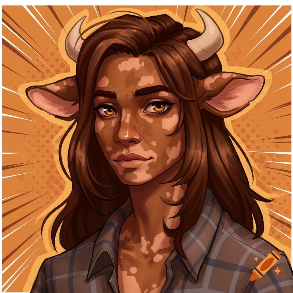 A brown cow demi-human with vitiligo, long brown hair, and brown eyes, wearing a plaid shirt, in comic book style.