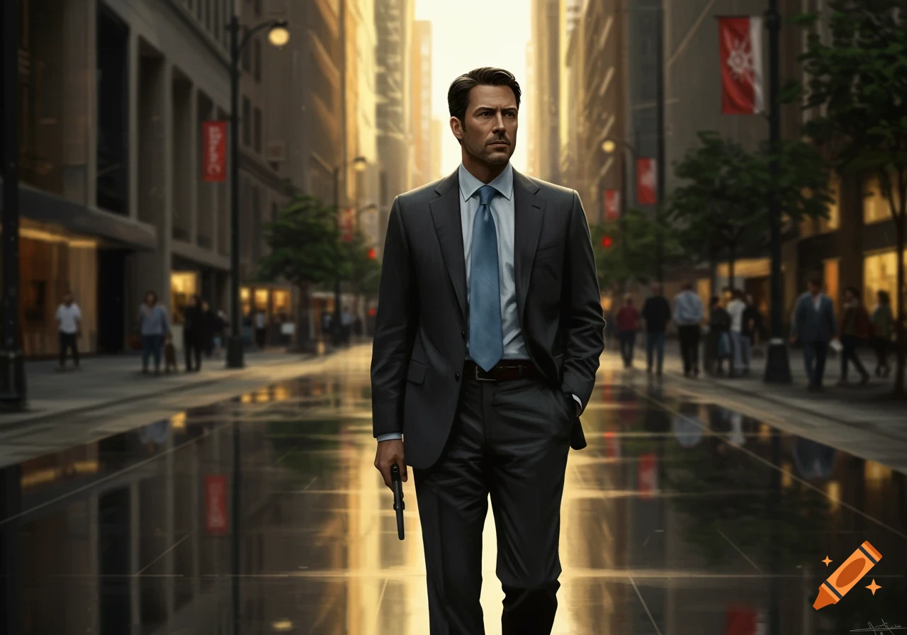 A serious man in a dark suit and blue tie walks down a wet city street, holding a handgun. Buildings line the street.