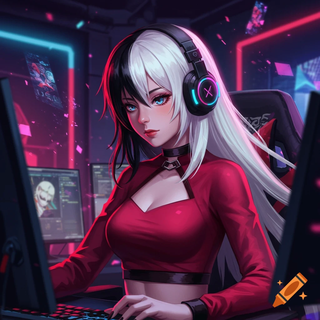 An anime gamer girl with black and white hair wearing headphones and a red top, sitting at a computer in a neon-lit room.