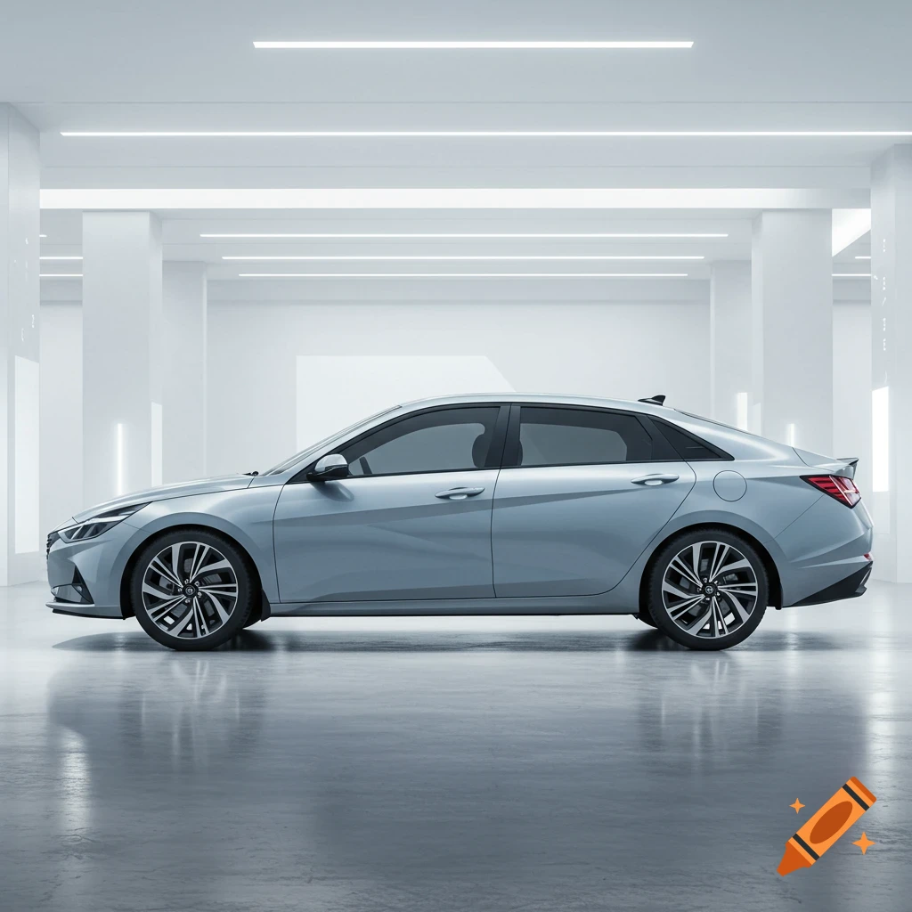 A photorealistic light grey Hyundai Elantra 2023 with black wheels, viewed from the side in a minimalist white showroom.