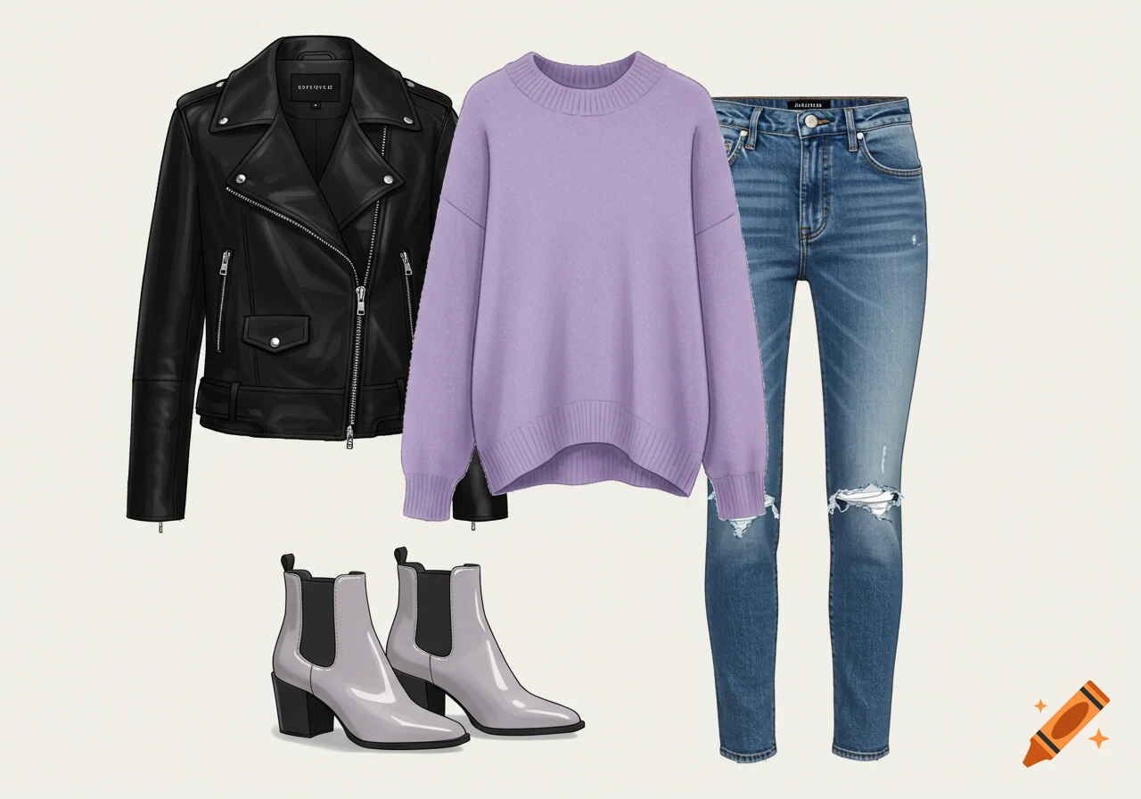 A flat lay of a black leather jacket, a lavender sweater, distressed blue jeans, and light gray ankle boots.