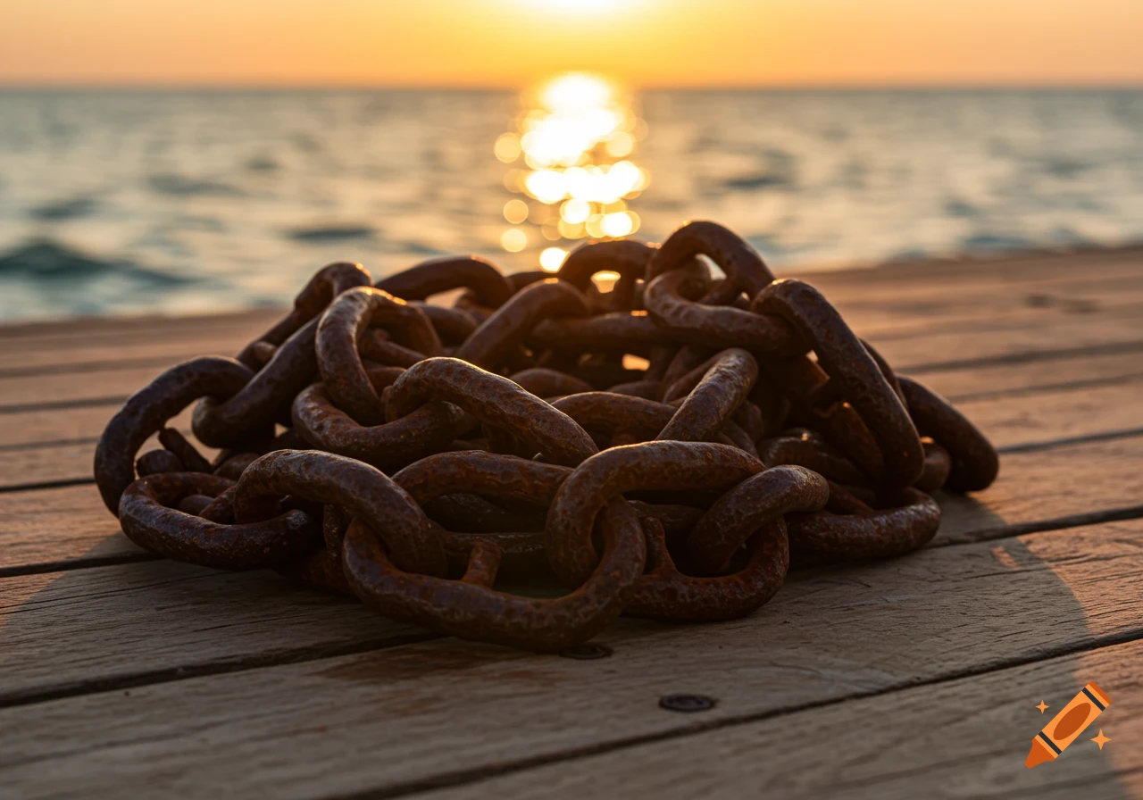 A pile of rusty chains rests on a wooden pier at sunset, with shimmering water in the background.