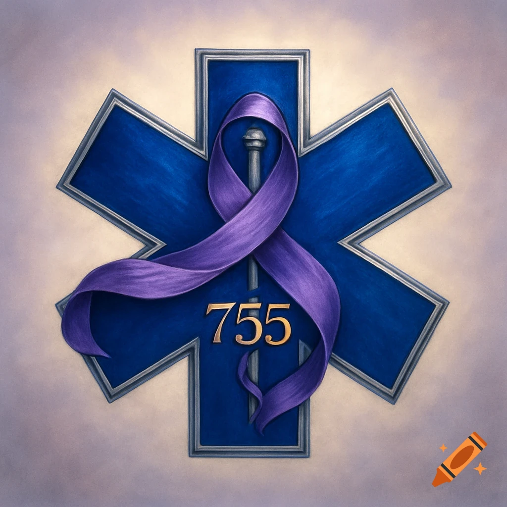 A blue Star of Life symbol with a purple ribbon wrapped around a staff and golden numbers '755' below.