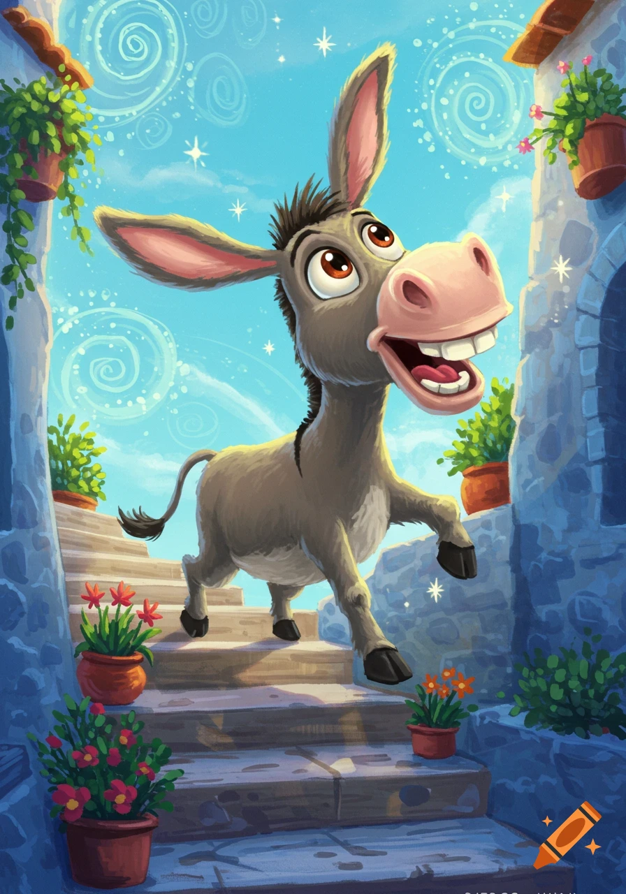 Grinning cartoon donkey with large ears climbing stone stairs with potted plants under a starry blue sky.