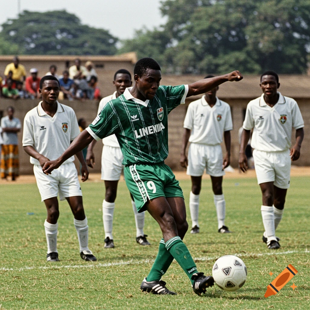 A 1990s style photo shows an African soccer player in a green uniform kicking a ball on a grassy field, with other players in white uniforms nearby.