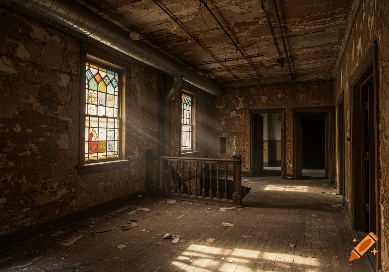 Sunlight streams into a dilapidated Victorian Gothic building interior with stained glass windows, crumbling walls, and exposed pipes.