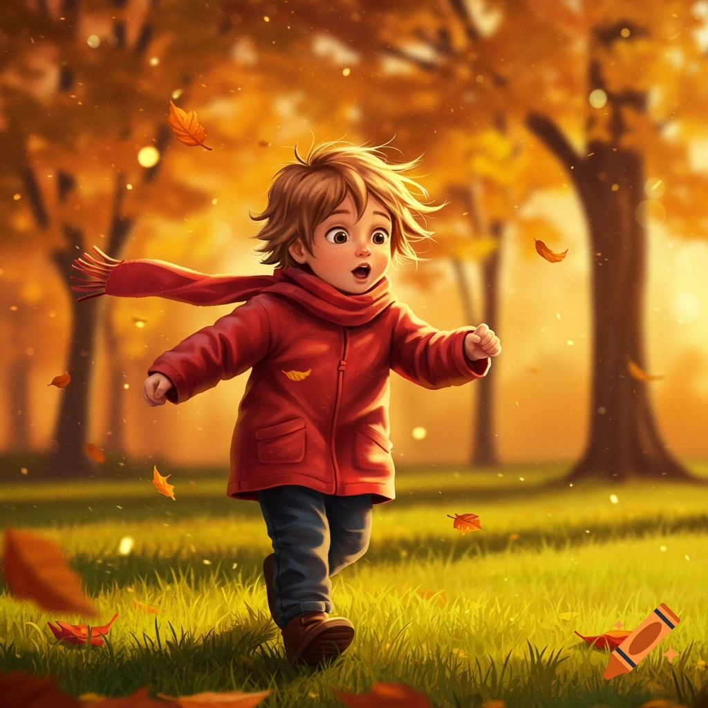 A wide-eyed child in a red coat and scarf runs through an autumn park with orange leaves falling around them in an illustration.