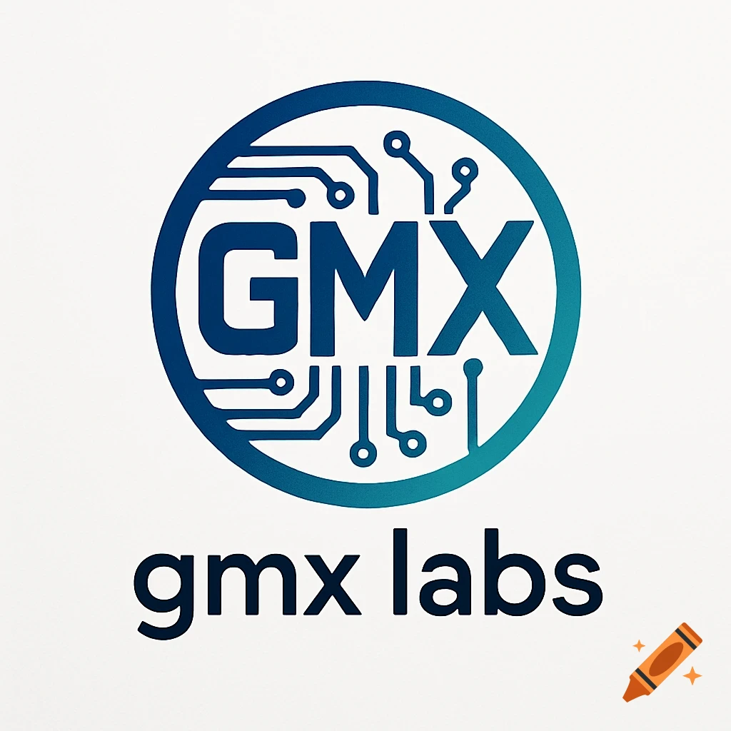 Blue and teal circular logo with "GMX" and circuit lines, with "gmx labs" text below it on a white background.