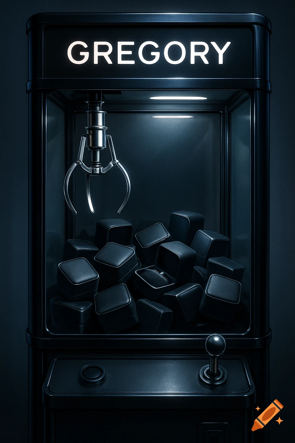 A photorealistic image of a black claw machine with 'GREGORY' on its illuminated marquee, filled with black ring boxes.