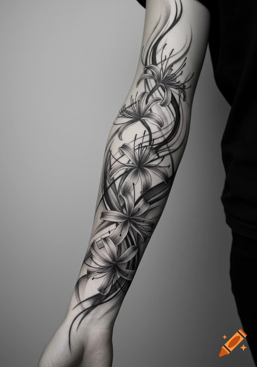 Black and white tattoo of spider lilies with abstract smoke lines covering a forearm.