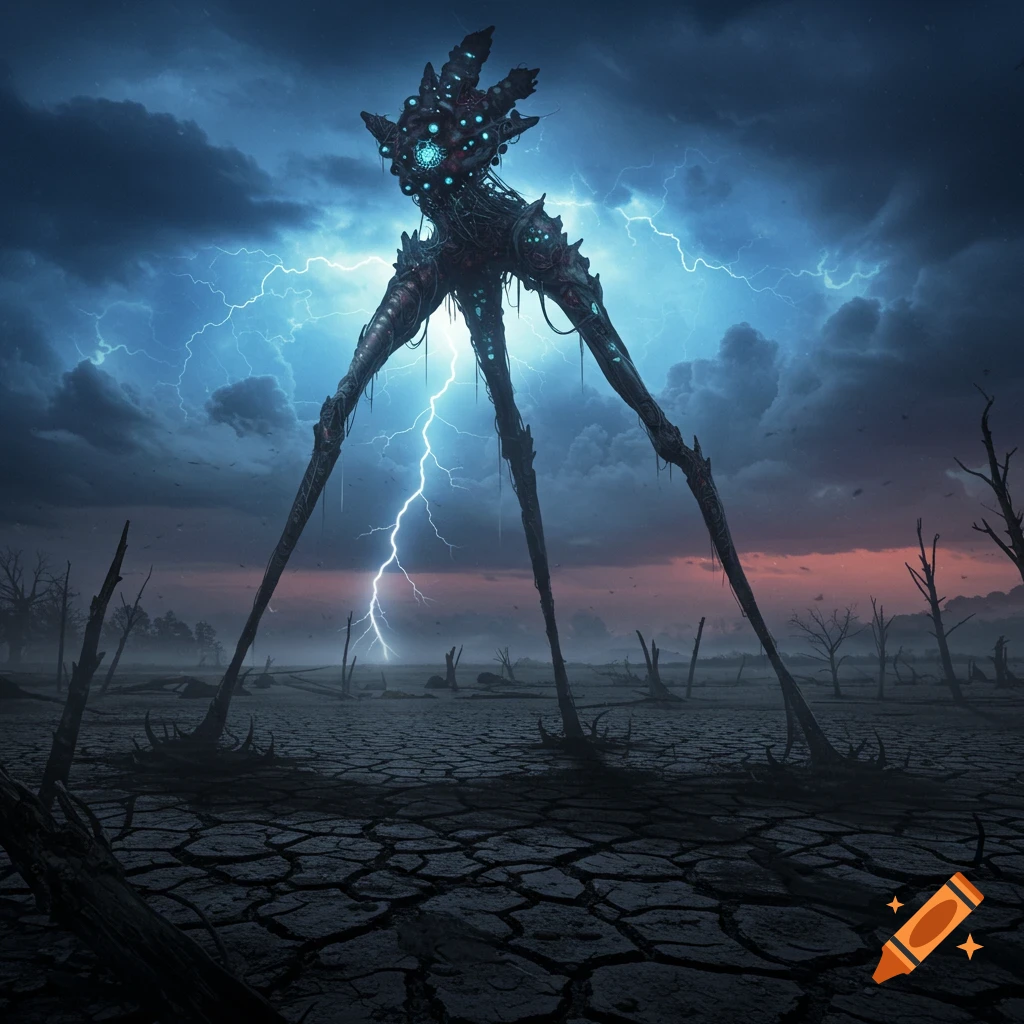 A towering, multi-legged alien monster with glowing blue lights stands in a cracked, desolate wasteland under a stormy sky with lightning.