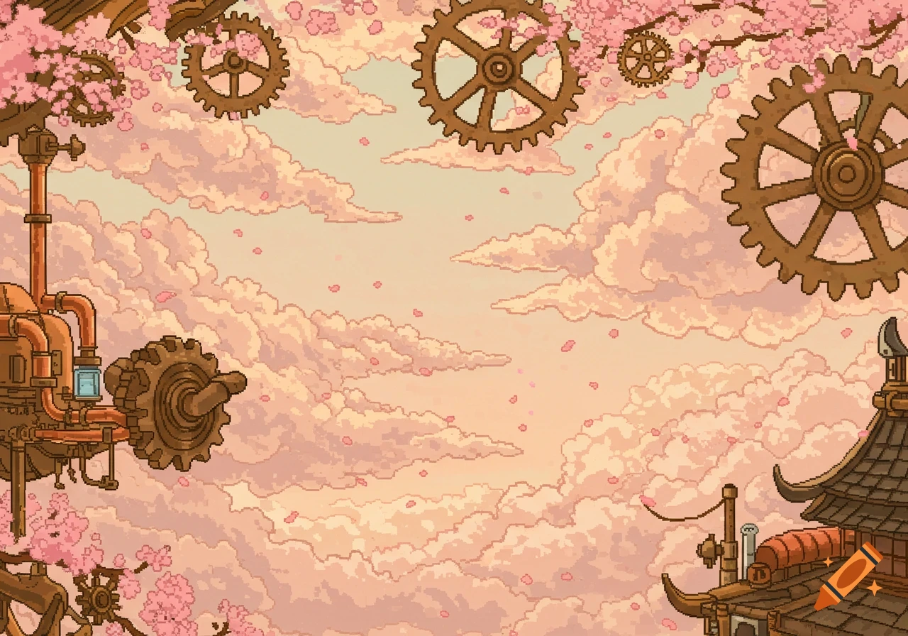 Pixel art steampunk sky background with fluffy pink clouds, brown gears, cherry blossoms, and industrial pipes.