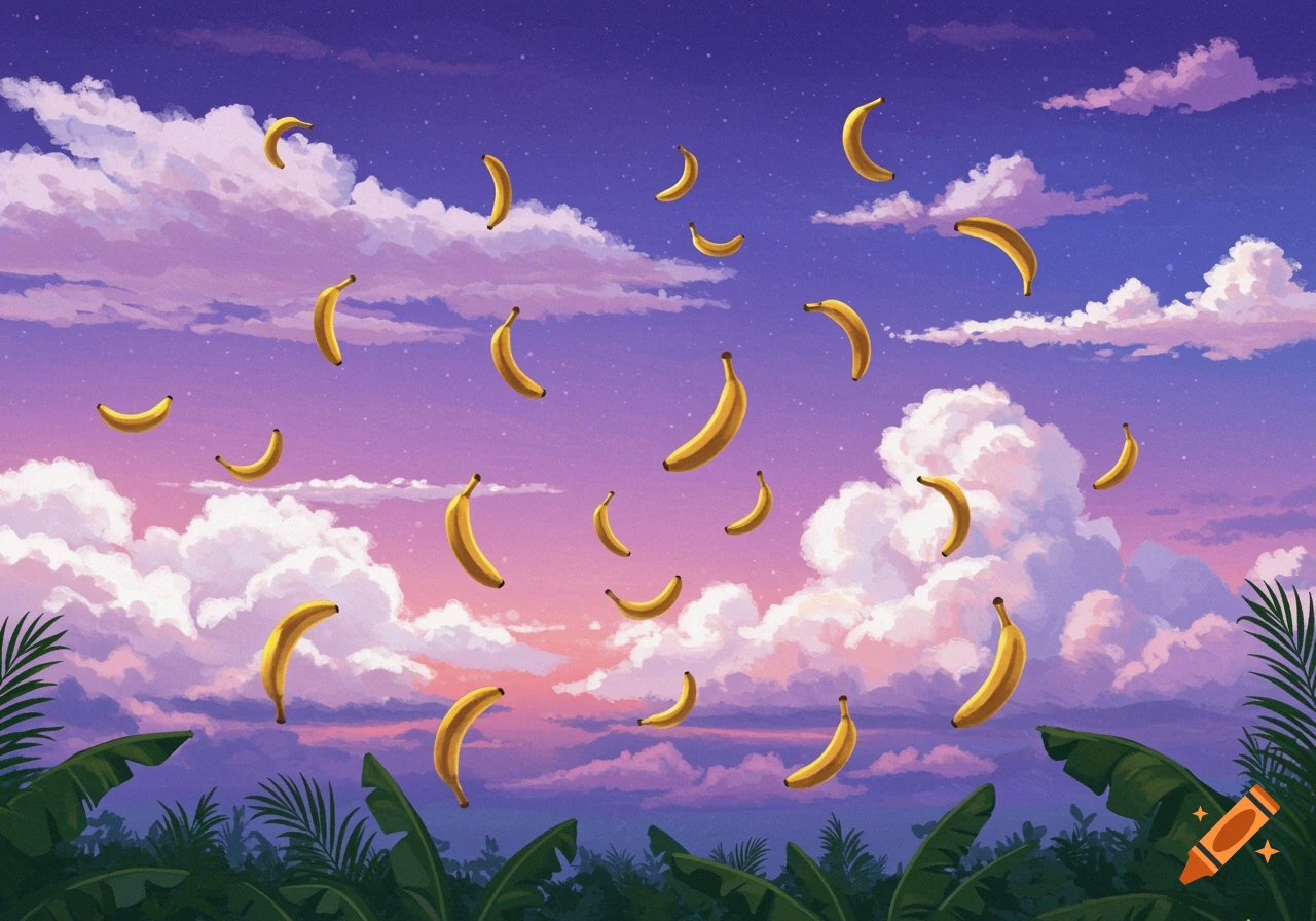 Illustrated scene of yellow bananas raining from a purple and pink sky with white clouds over green foliage.