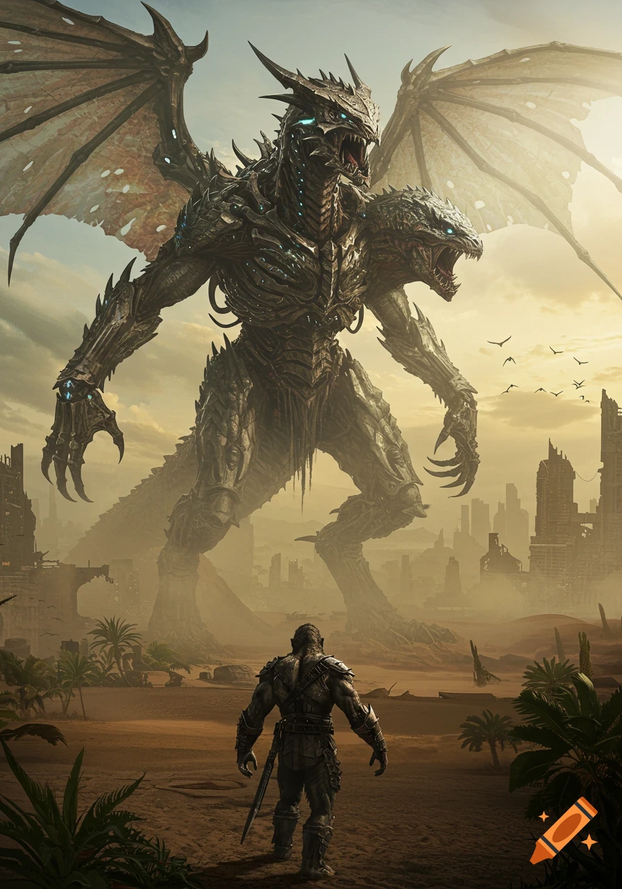 A giant two-headed dragon-like monster stands over a lone warrior in a ruined desert city at dawn, in a photorealistic style.