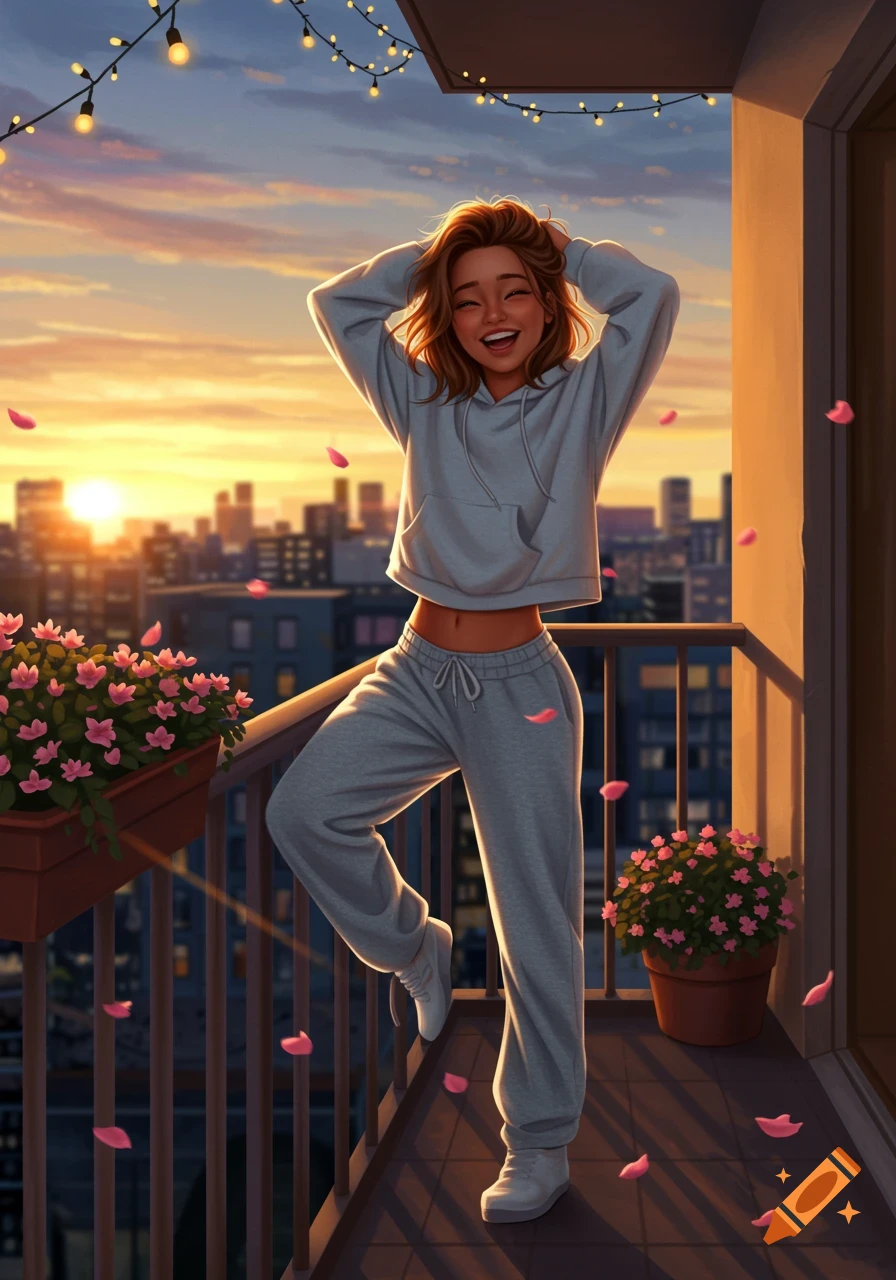 An illustrated young woman in a gray tracksuit smiles on a city balcony at sunset, surrounded by pink flowers and string lights.