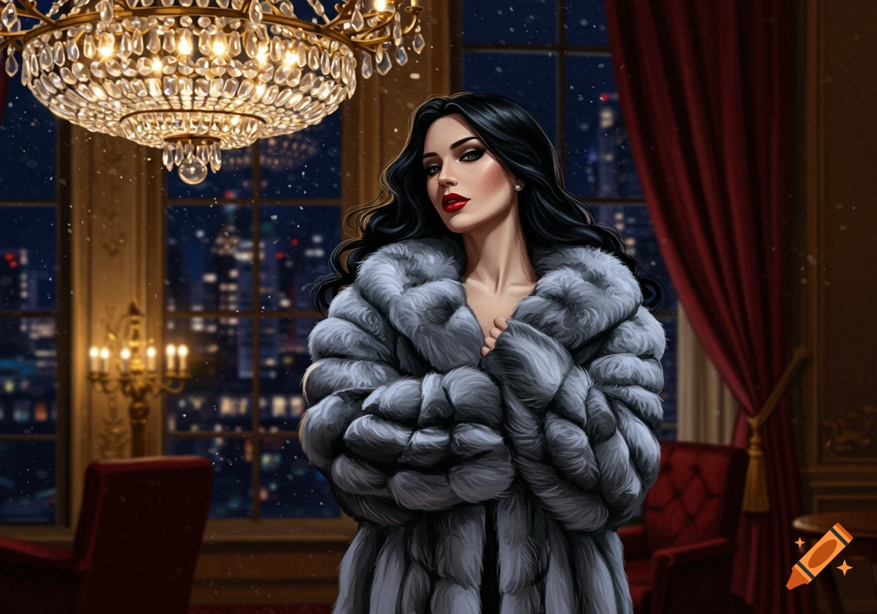 A glamorous woman with black hair and red lips wears a gray fur coat in a luxurious room with a chandelier, city lights outside.