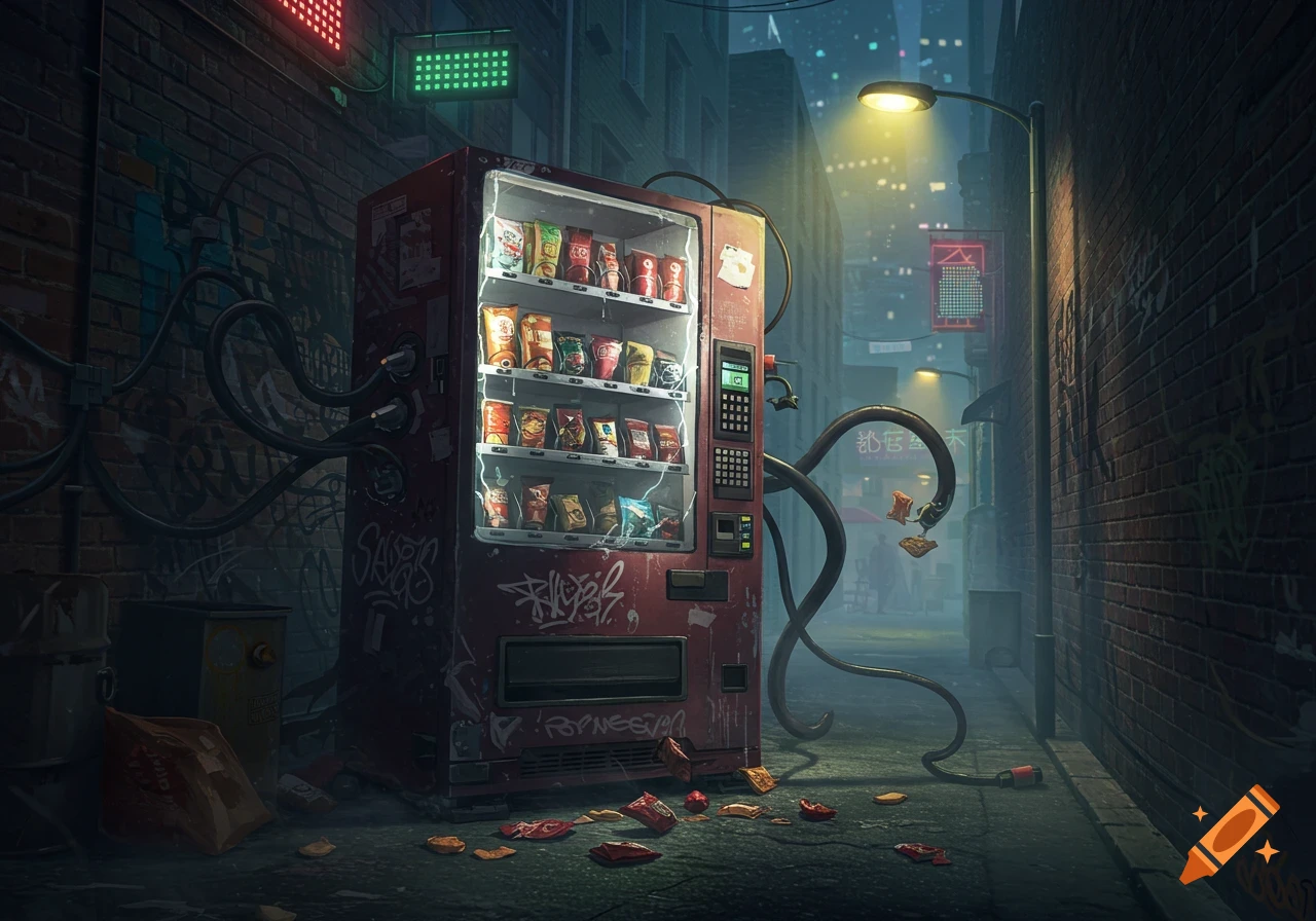 A red vending machine with mechanical tentacles coming alive in a dark, graffiti-filled alleyway at night, surrounded by discarded snack wrappers.