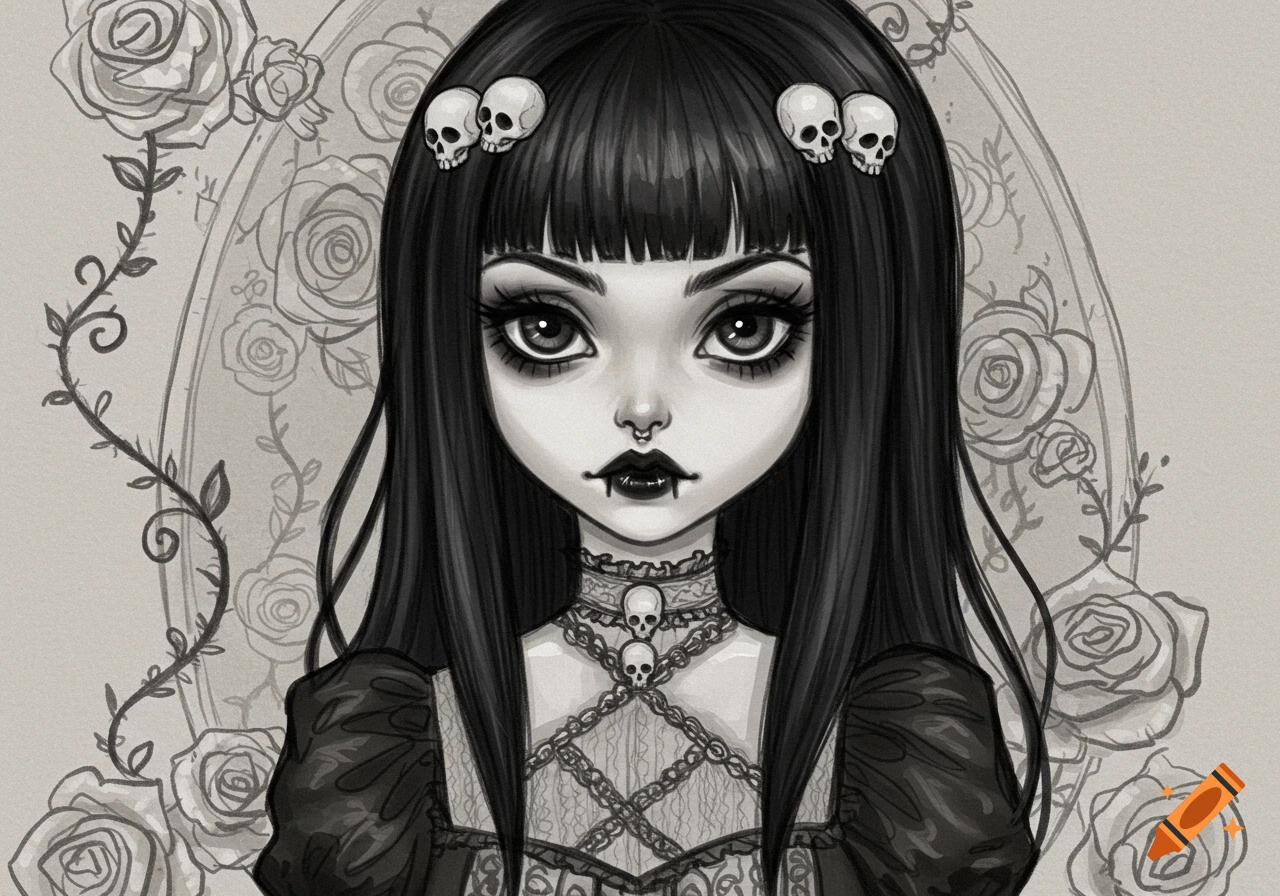A black and white gothic illustration of a girl with long dark hair, large eyes, skull hair clips, and a skull necklace.
