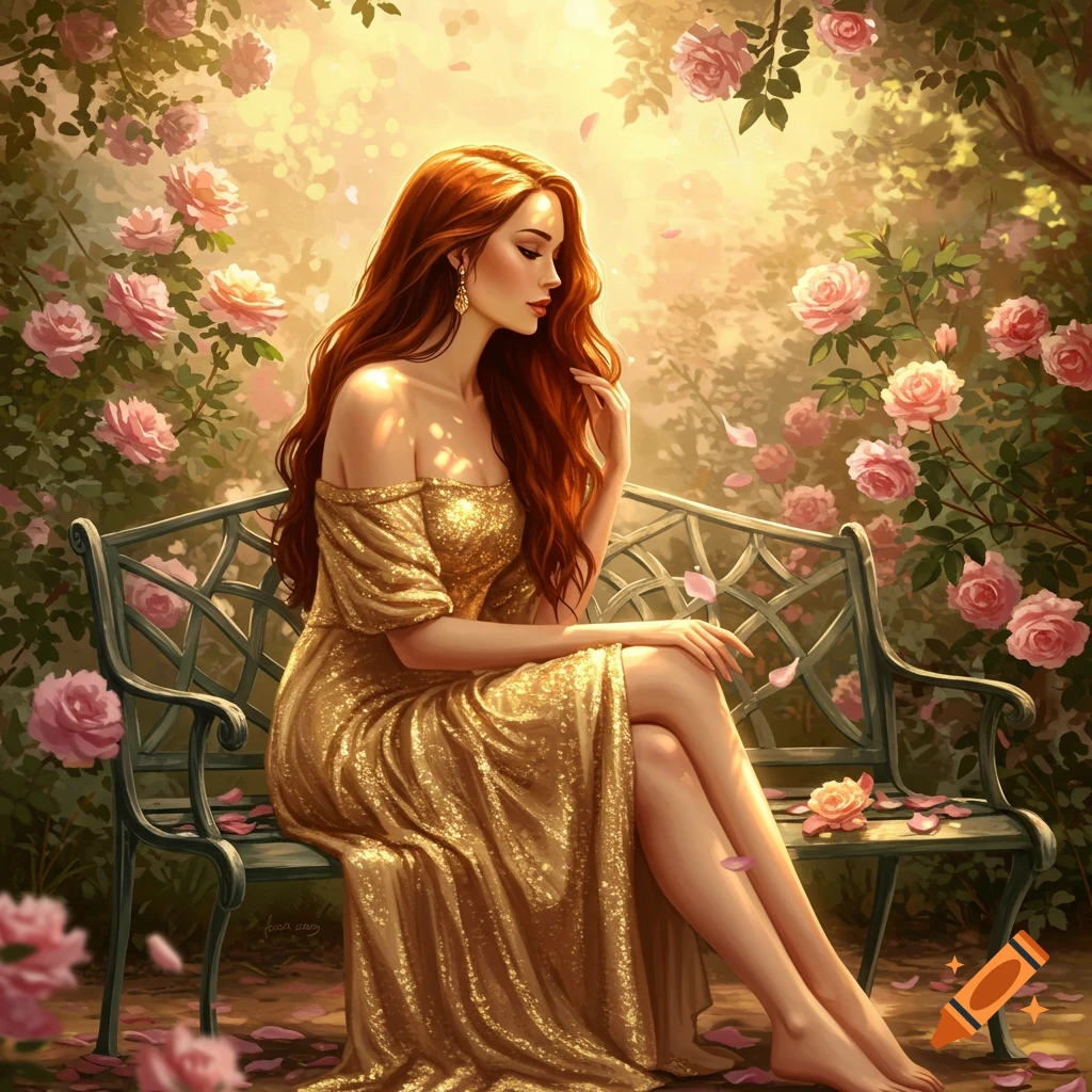 A woman with long red hair in a golden dress sits on a bench in a sunlit rose garden.