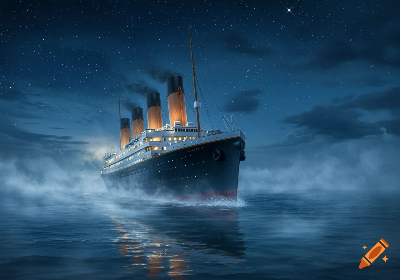 The RMS Titanic sails through misty waters at night under a starry sky, with its lights glowing.