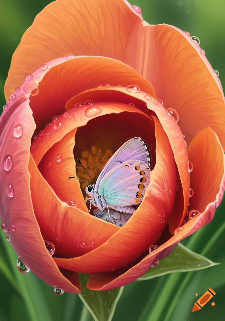 A vibrant blue and purple butterfly rests inside the petals of a peach-orange flower with glistening water droplets, set against a blurred green background.