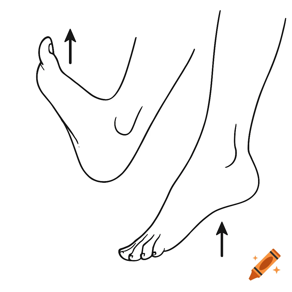 Black and white line drawing of bare feet illustrating dorsiflexion and plantarflexion with arrows, in a physiotherapy diagram style.