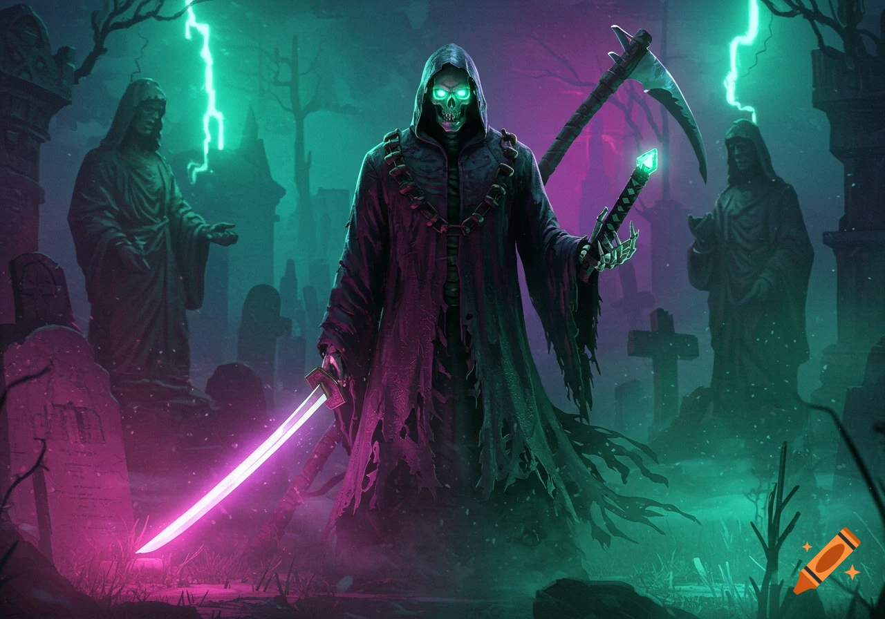 A dark fantasy illustration of the Grim Reaper with glowing green eyes, holding a neon pink katana and a scythe in a misty graveyard with lightning and statues.