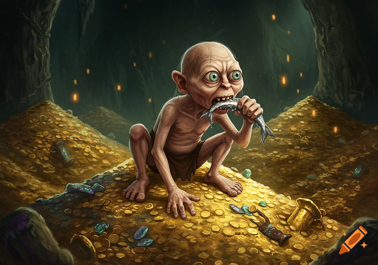 Gollum from Lord of the Rings crouches on a pile of gold coins in a dark cave, greedily eating a fish.