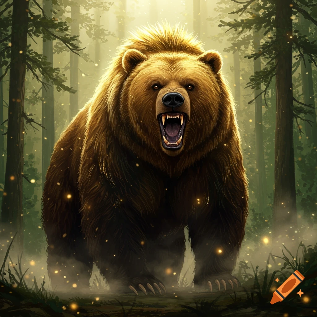A powerful brown bear with glowing, spiky fur snarling aggressively in a mystical forest with golden light and particles.