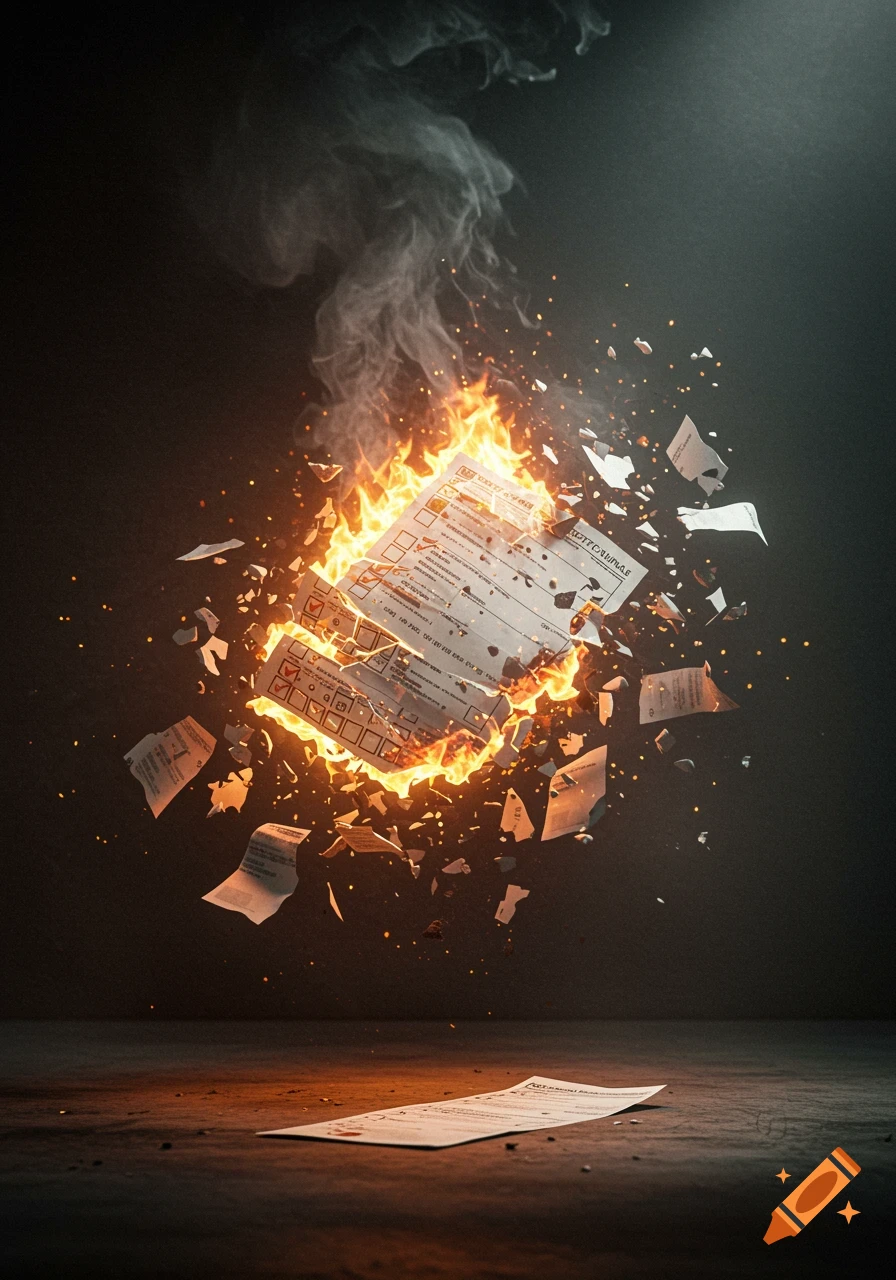 A white ballot paper bursts into flames, scattering charred fragments and smoke against a dark background.