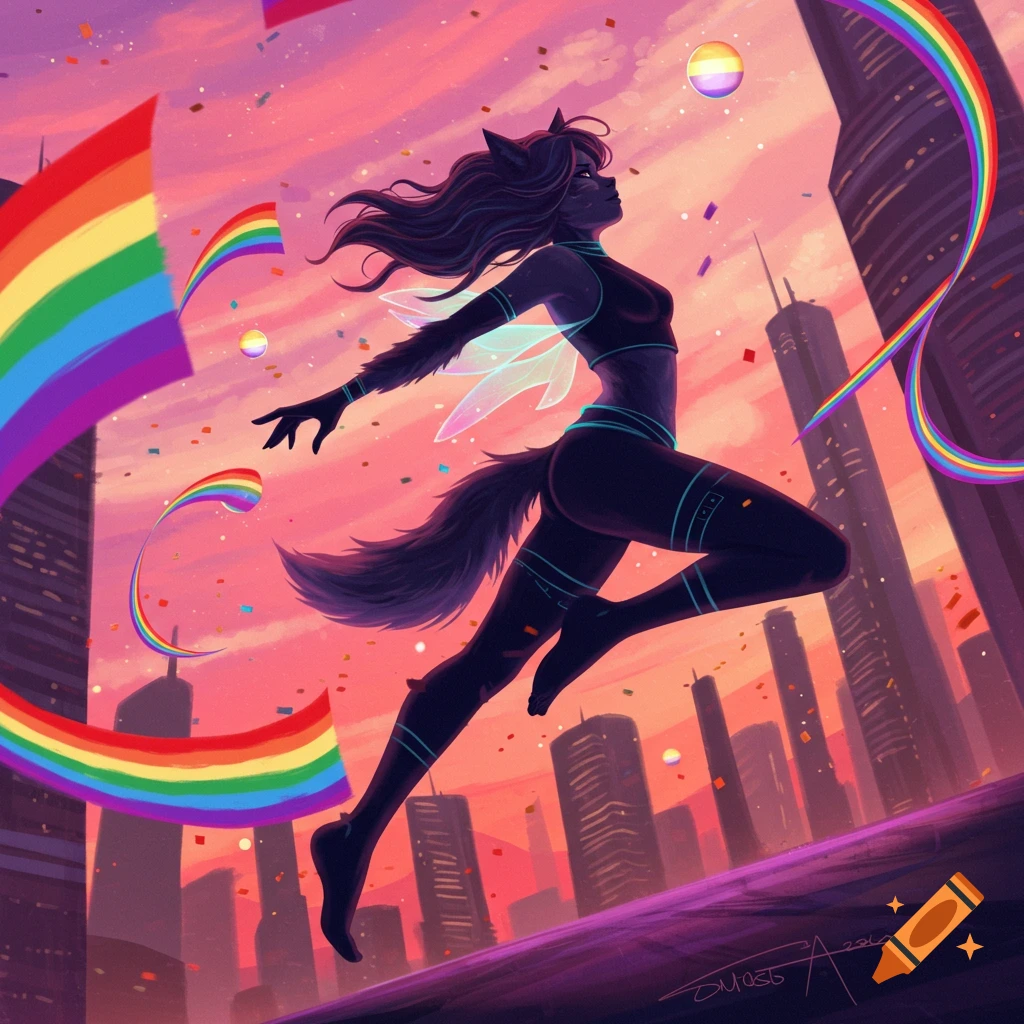 A therian girl with a tail and ears jumps across a city skyline filled with rainbow flags and confetti at sunset, in a vibrant digital art style.