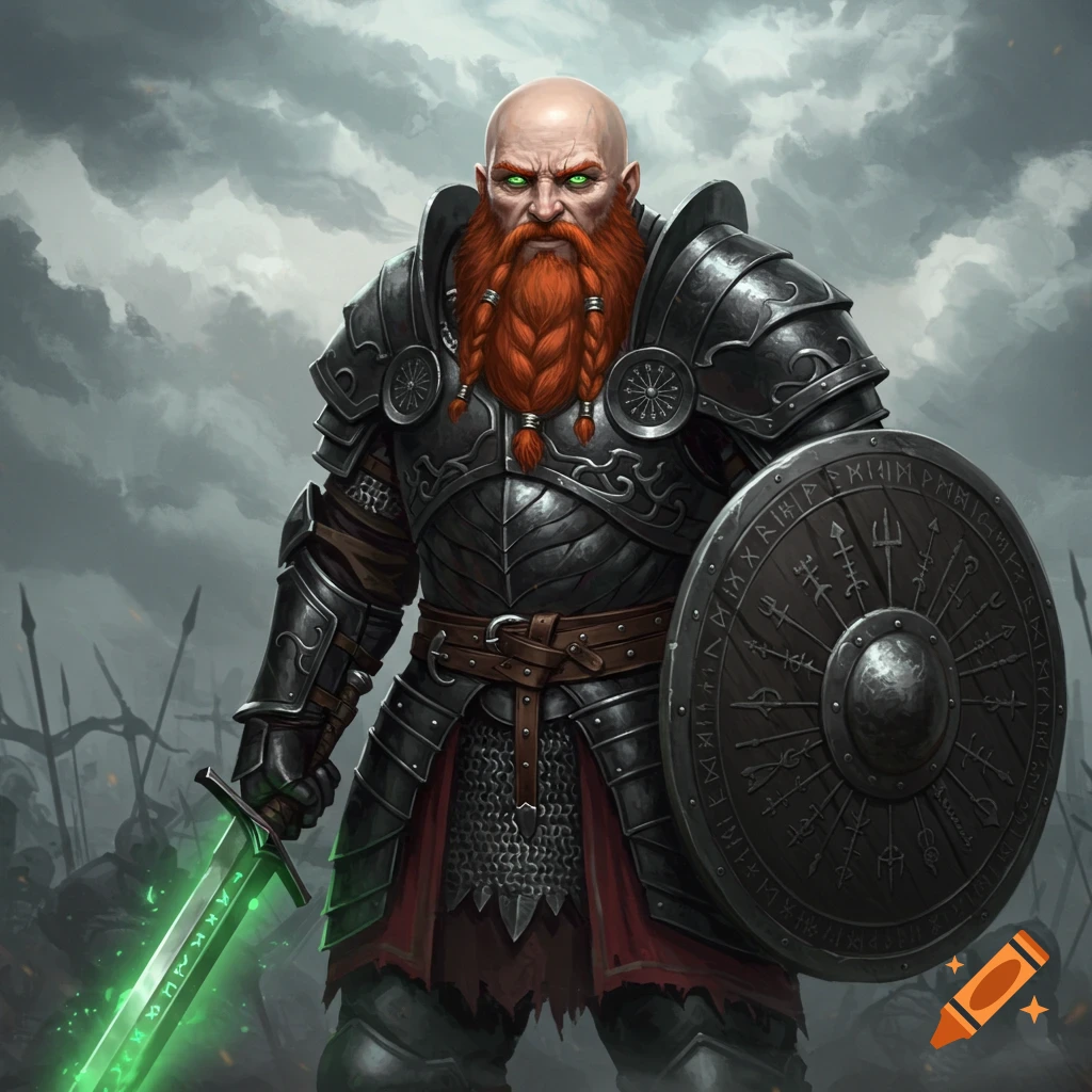 A bald, red-bearded dwarf warrior in black armor holds a glowing green runic sword and shield under a stormy sky in a fantasy art style.
