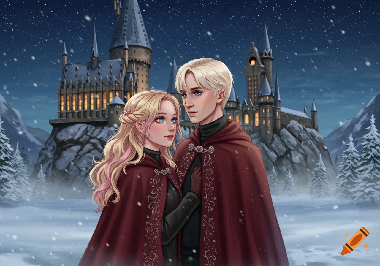 Illustrated anime-style art of Draco Malfoy and a blonde girl in red cloaks standing in snow outside Hogwarts castle at night.