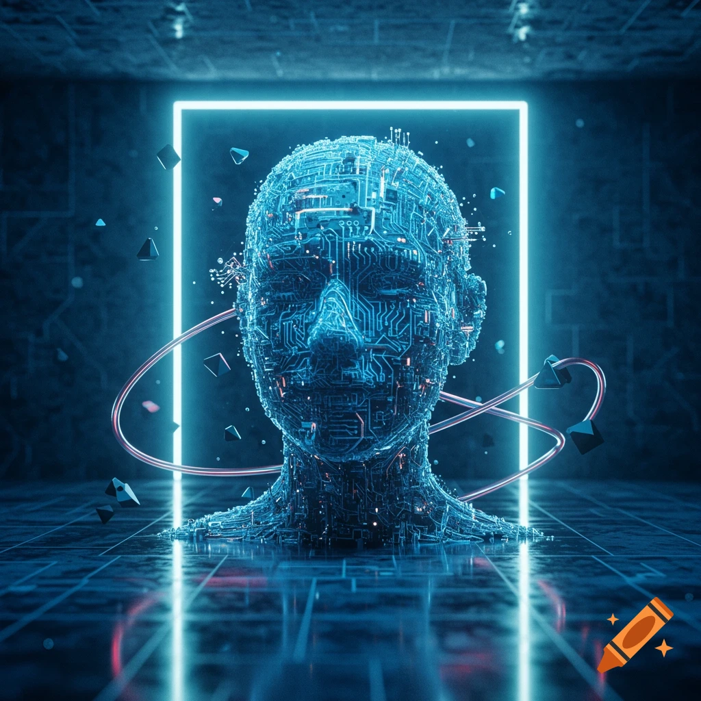 A futuristic digital head made of glowing blue circuit boards, standing in a dark room with neon lights and reflections.