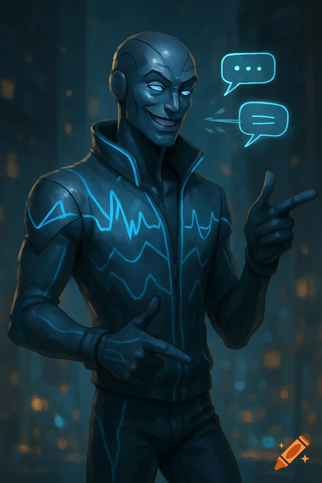 A stylized humanoid figure with dark skin and glowing blue accents, wearing a jacket with soundwave patterns, smiles and points with glowing speech bubbles.