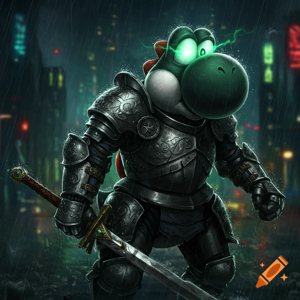 Yoshi in dark, ornate knight armor with glowing green eyes stands in the pouring rain in a dark city, holding a large sword.