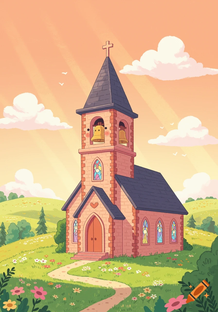 A cartoon church with a tall steeple, cross, and smiling bells stands in a sunny, grassy field with colorful flowers and rolling hills.