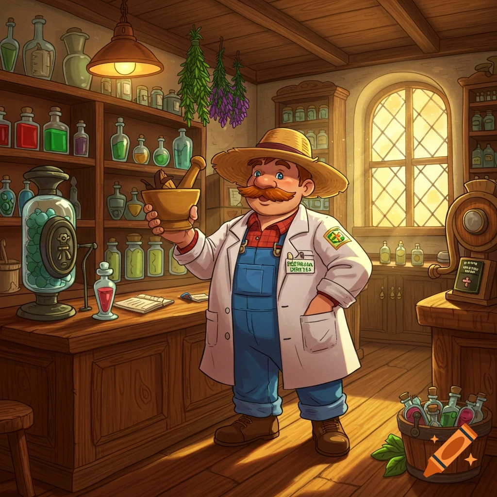 A cartoon farmer wearing a lab coat and straw hat stands in an old-fashioned apothecary shop, holding a mortar and pestle.