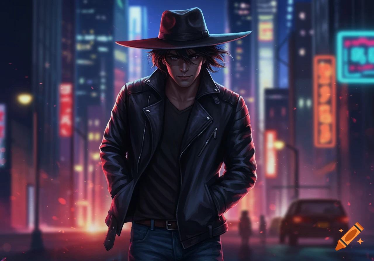 A stylized digital art illustration of a man in a black hat and leather jacket standing in a neon-lit city street at night.