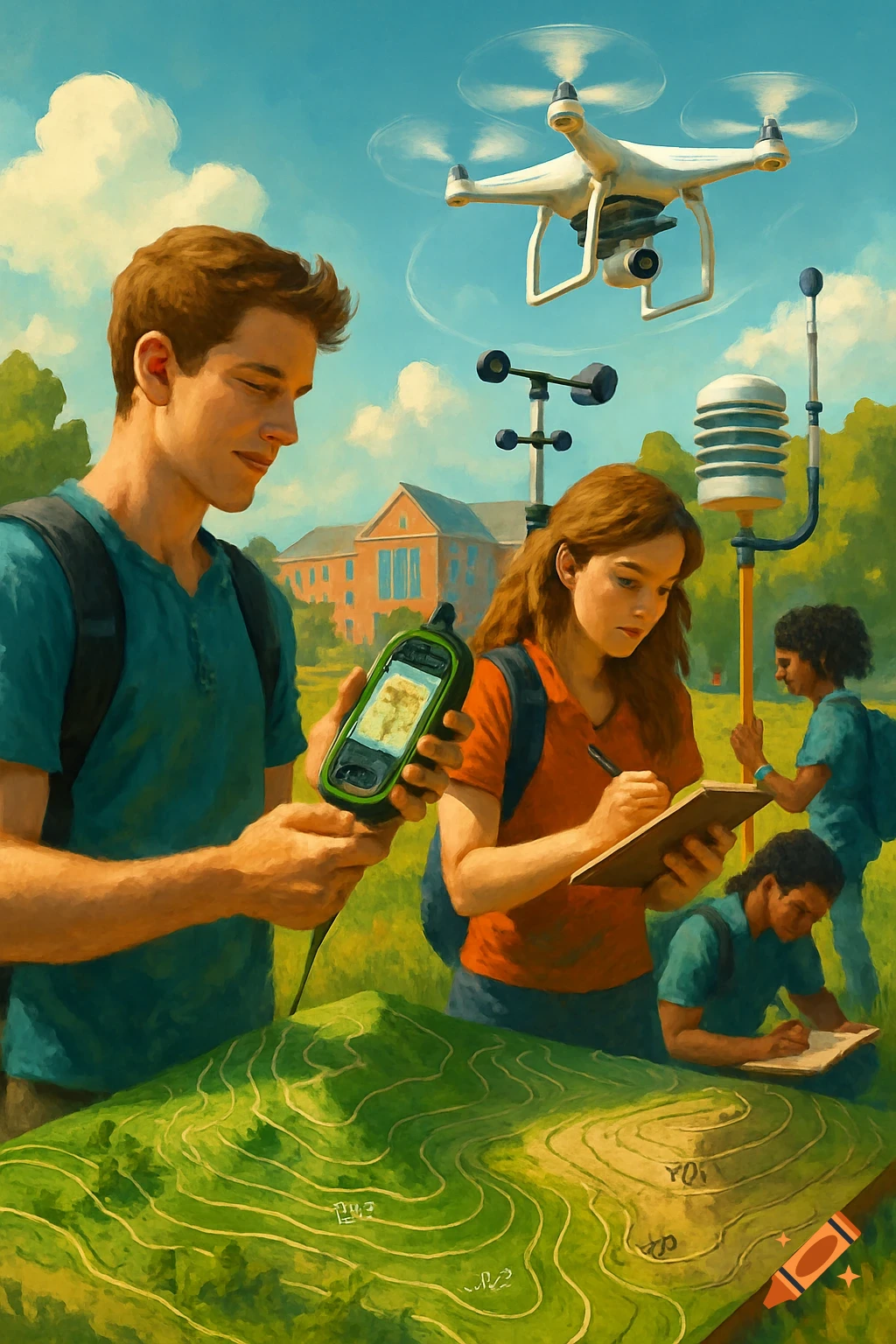 Students use technology like GPS and a drone for outdoor data collection and mapping in a vibrant, painterly style.