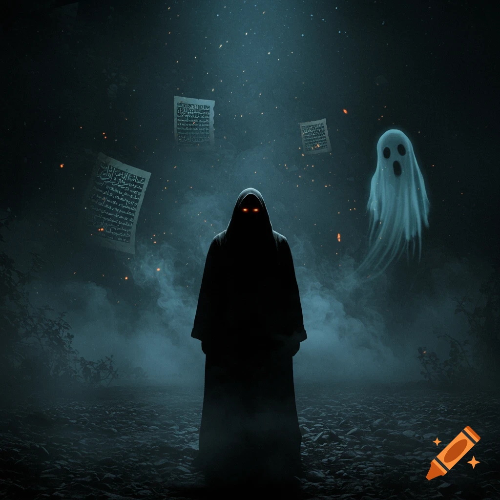 A shadowy robed figure with glowing red eyes stands in a dark, misty landscape with a translucent ghost and floating, illegible papers.