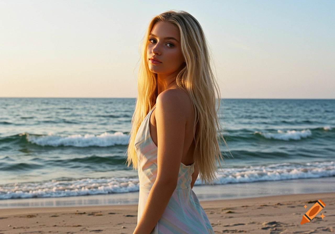 A photorealistic image of a blonde woman looking over her shoulder on a beach at sunset with the ocean behind her.