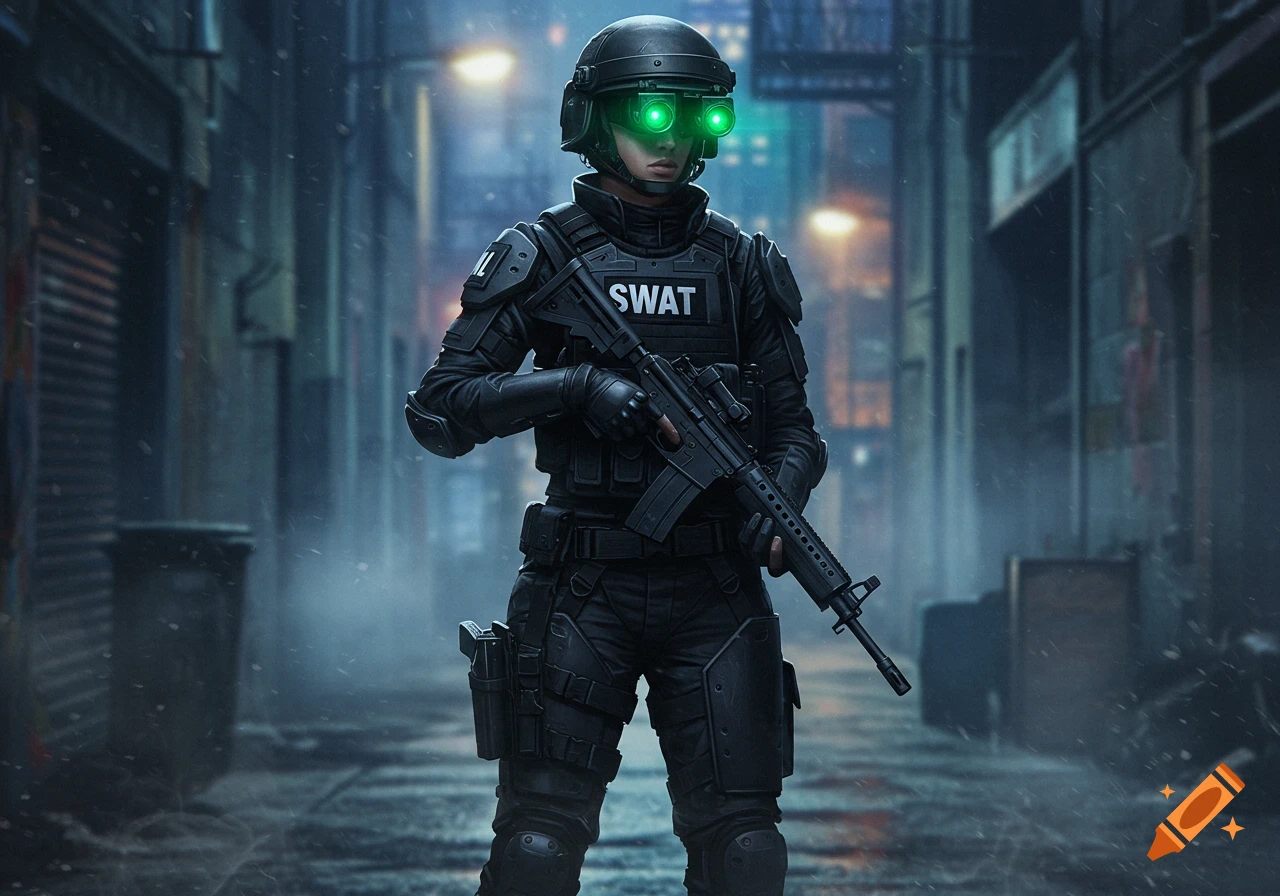 A tactical figure in black SWAT gear with glowing green night vision goggles holds a rifle in a dark, rainy alleyway.