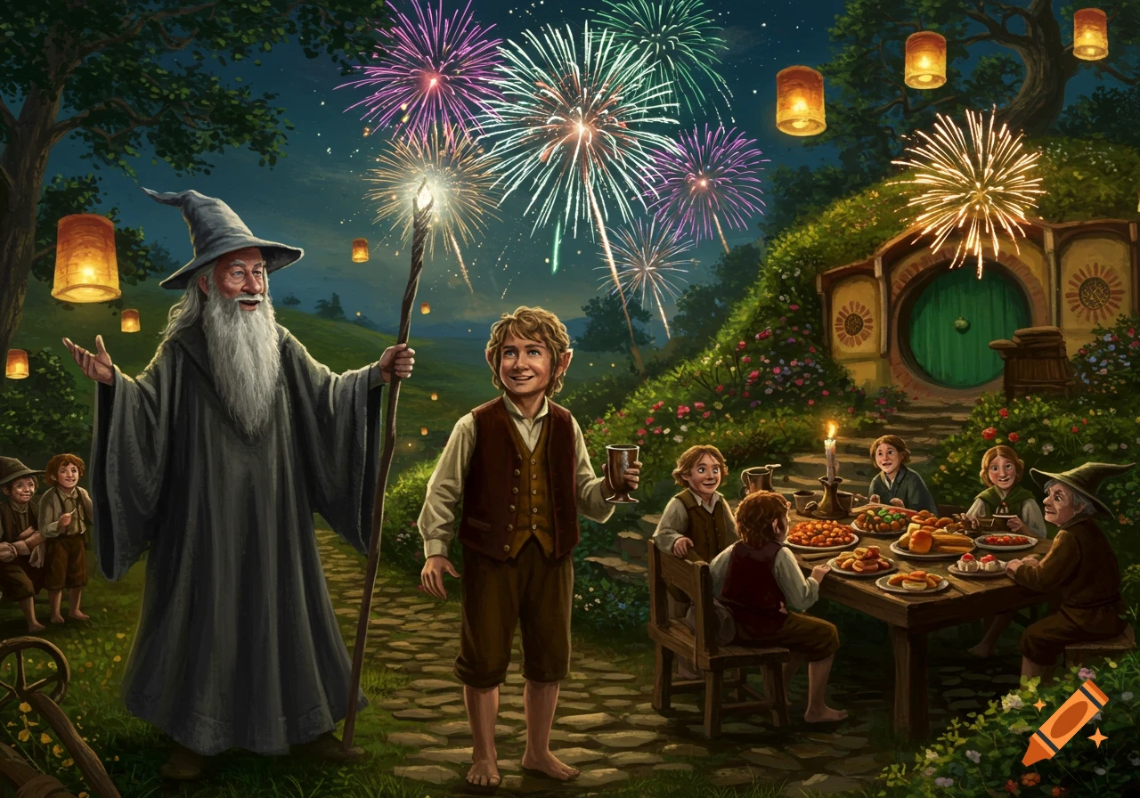 Gandalf and hobbits celebrate with fireworks outside a hobbit hole at night.