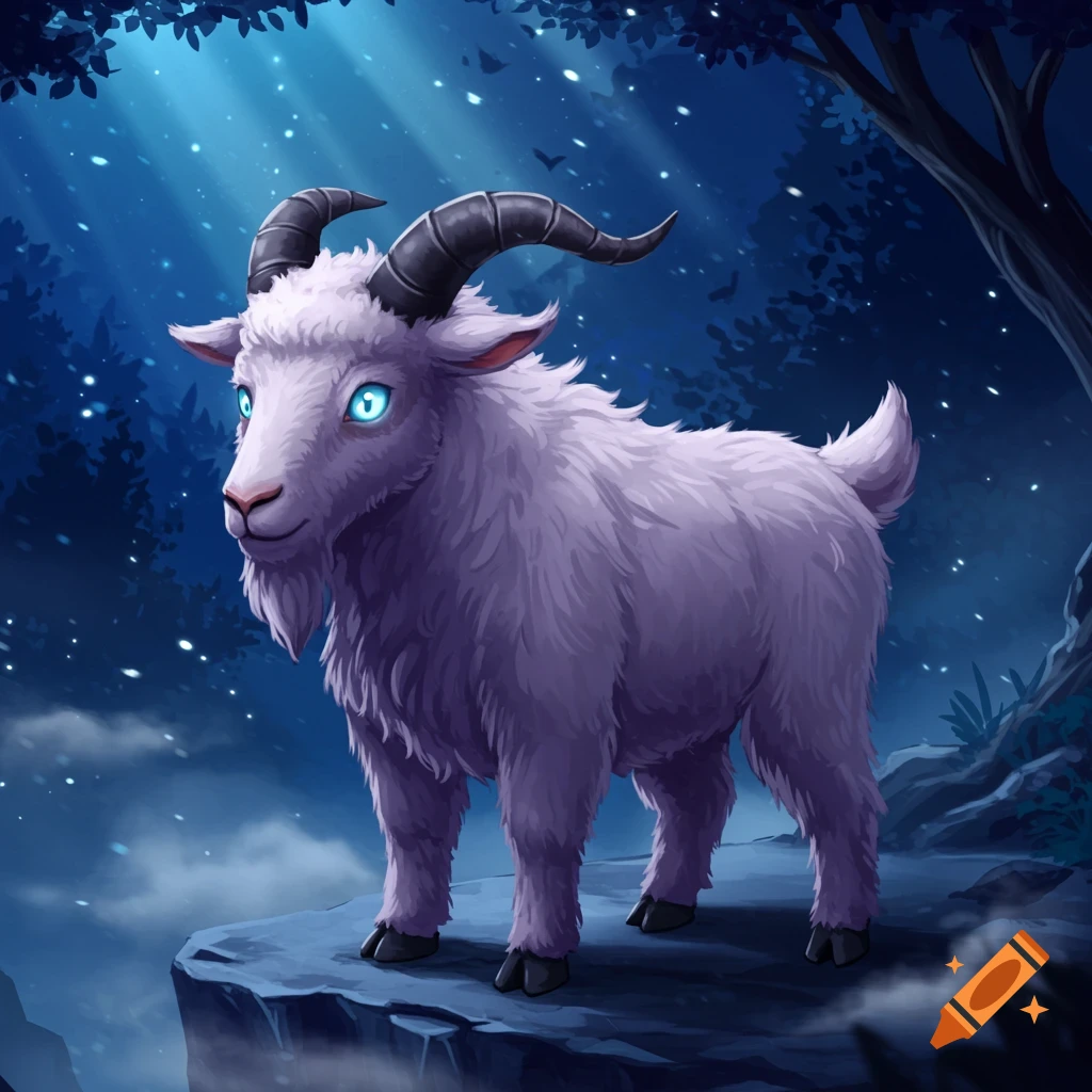 A purple, fluffy goat-like creature with glowing blue eyes stands on a cliff edge in a moonlit fantasy forest with falling snow.