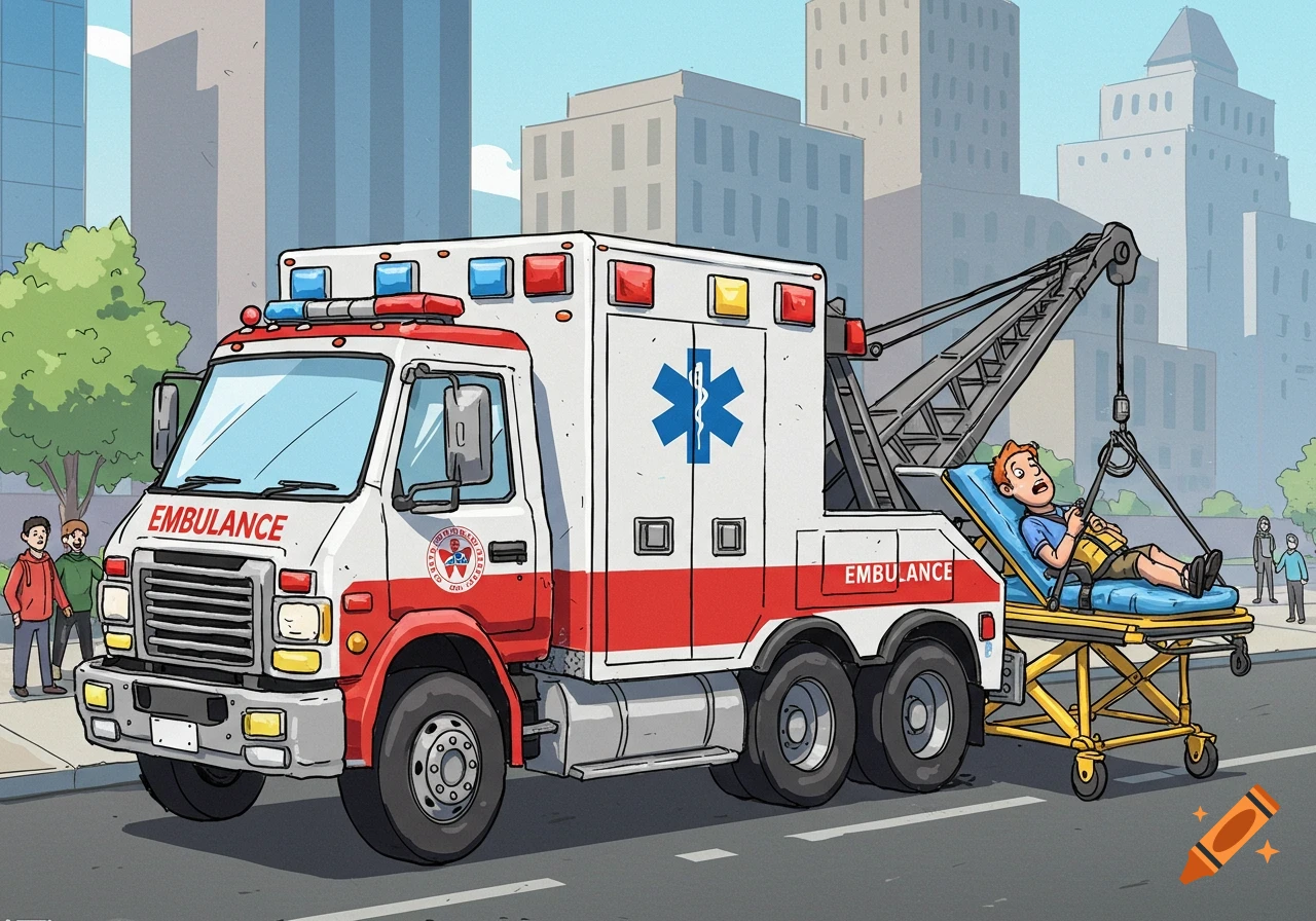 A cartoon-style ambulance with a tow truck attachment pulls a person strapped to a gurney down a city street.