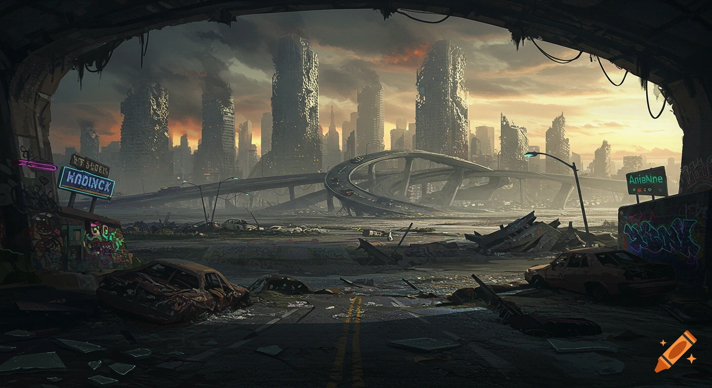 A grim, dystopian city with crumbling skyscrapers, a fractured highway system, and abandoned, rusted cars under a dark, cloudy sky.