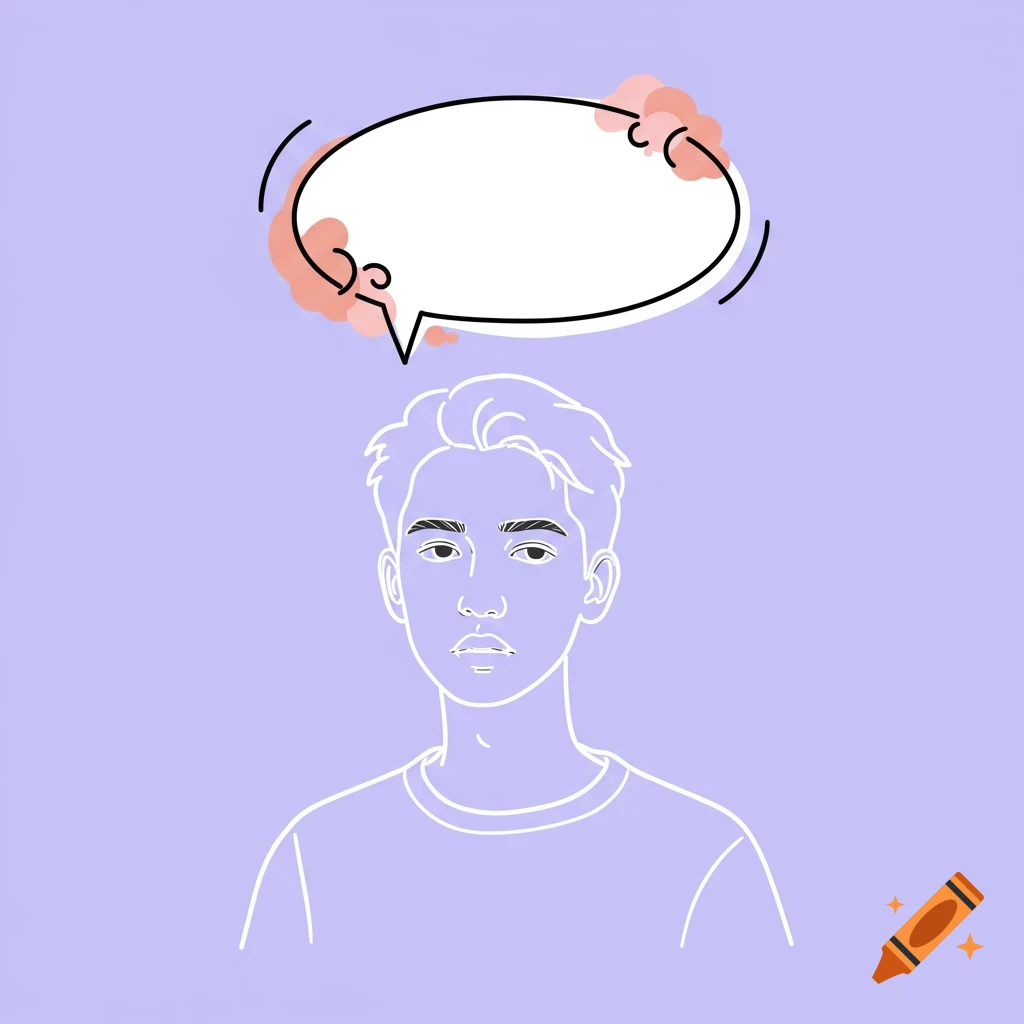 Minimalist line art of a person with an empty speech bubble above their head on a lavender background.