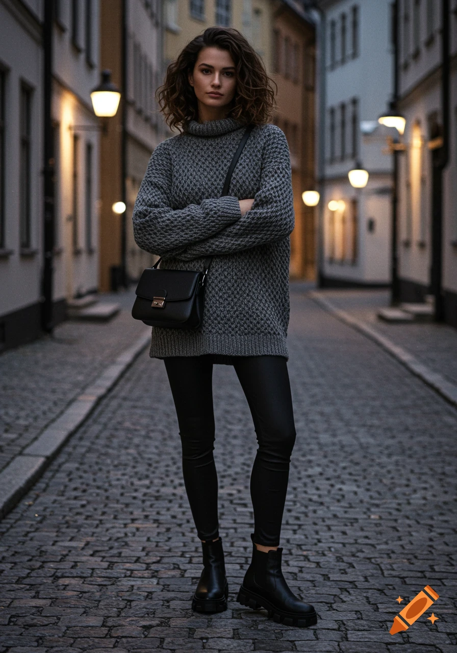A woman in a gray sweater, black leggings, and boots stands on a cobblestone street at dusk.